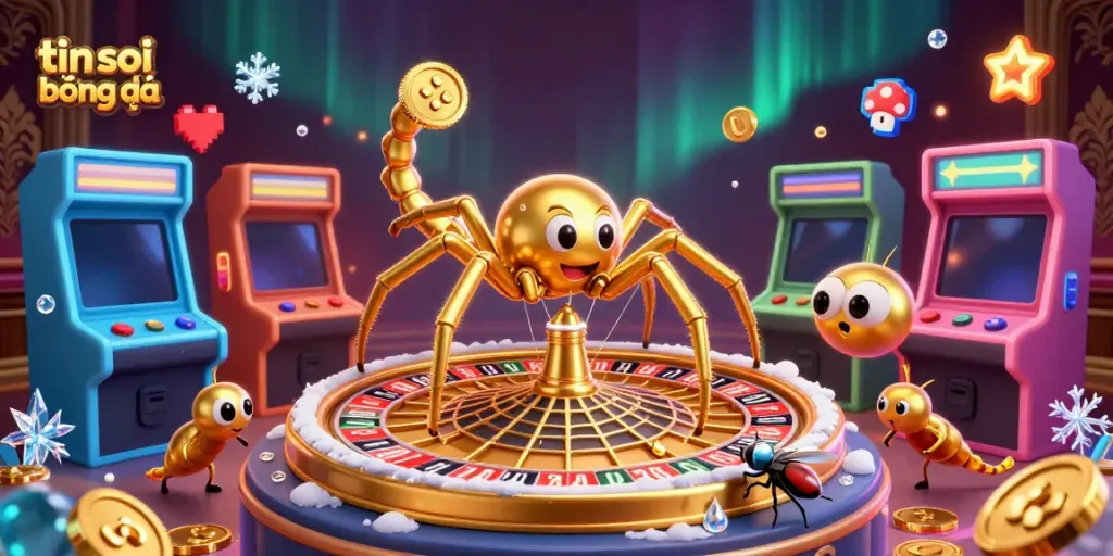 Engaging scene of a tin soi kèo bóng đá spider and croupier in a colorful casino environment, illustrating sports betting excitement.