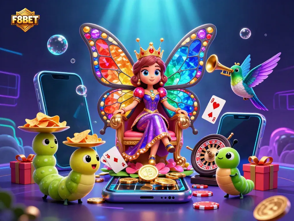 Experience vibrant gaming moments with F8BET's slots and casino games in an enchanting 3D scene.