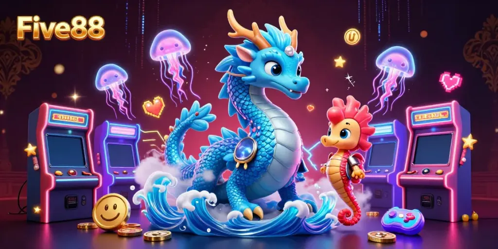 Experience excitement at Five88 with a dynamic digital casino illustration showcasing vibrant gaming elements and colorful characters.