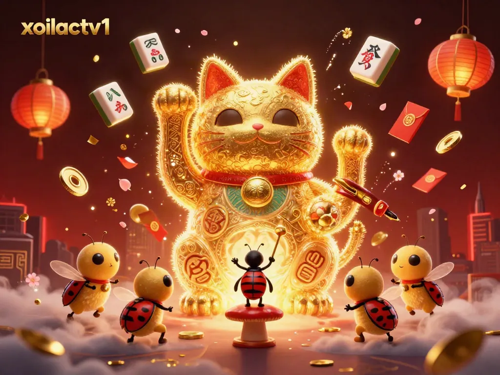 Xoilactv1 showcases a captivating scene of golden fireflies forming a lucky cat, surrounded by casino symbols and lanterns.