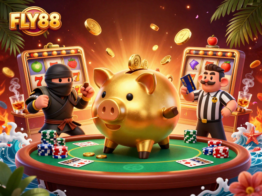 FLY88 showcases a lively 3D scene with a golden piggy bank sumo wrestler amidst gambling elements, celebrating winning moments.