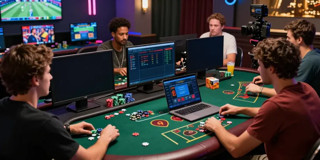 This dynamic scene captures the excitement of online gaming at https://8kbeteu.com/ with a diverse group of players immersed in a live casino environment.