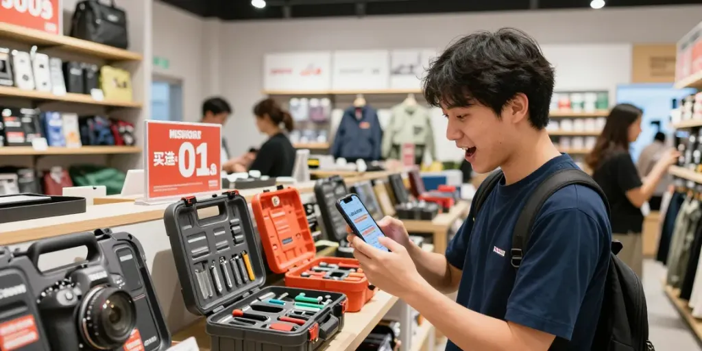 Shopper excitedly using mister worker discount code while browsing tools and workwear.