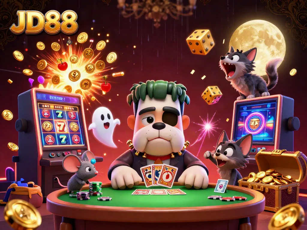 Engage with JD88 casino action as Frankenstein bulldog deals cards amidst an explosion of jackpot excitement.