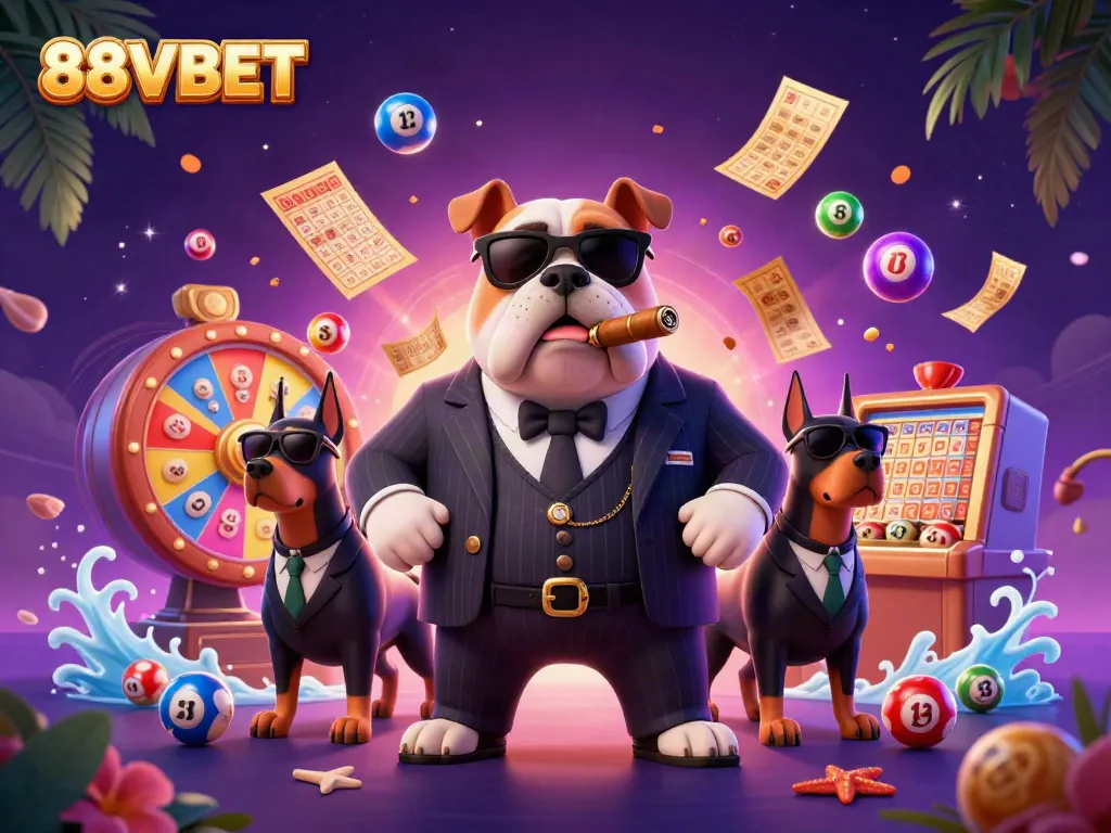 88VBET scene featuring a mafia bulldog and Doberman bodyguards among lottery elements, showcasing vibrant gambling action.
