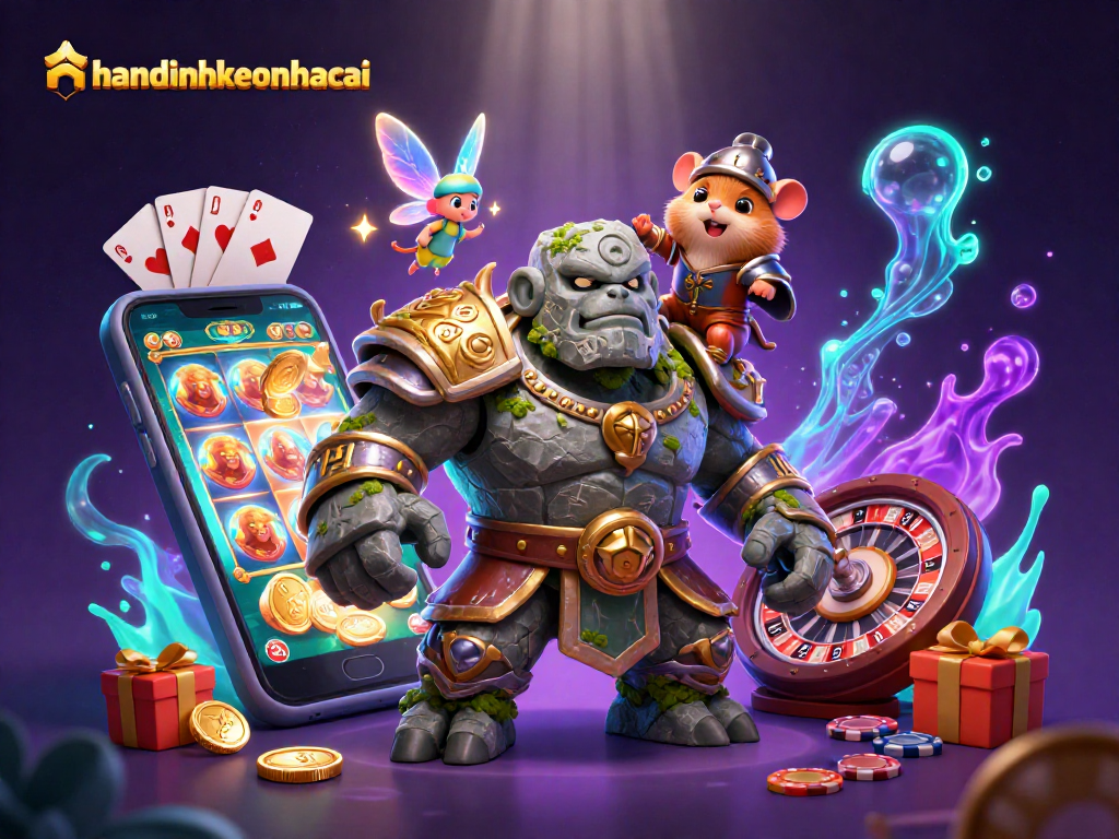 Gamble with nhandinhkeonhacai in a magical casino adventure featuring vibrant characters and games.