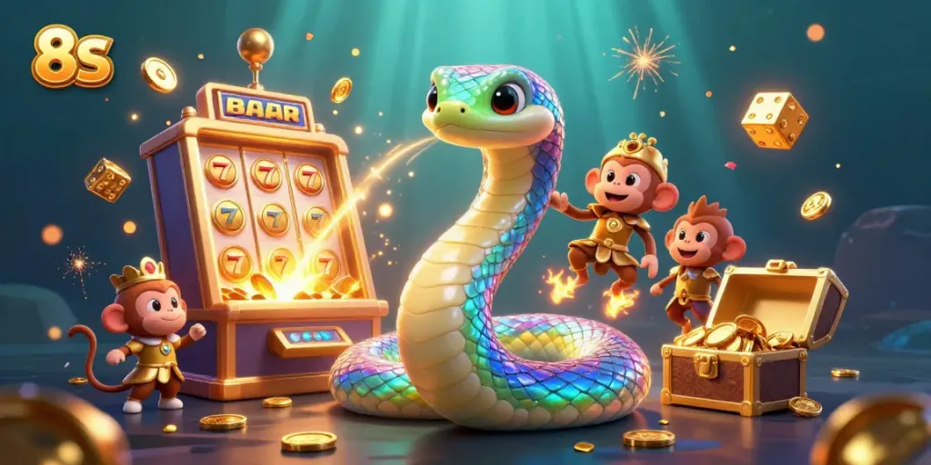 Experience the vibrant 8S casino scene with a jackpot explosion, golden treasures, and dancing characters.