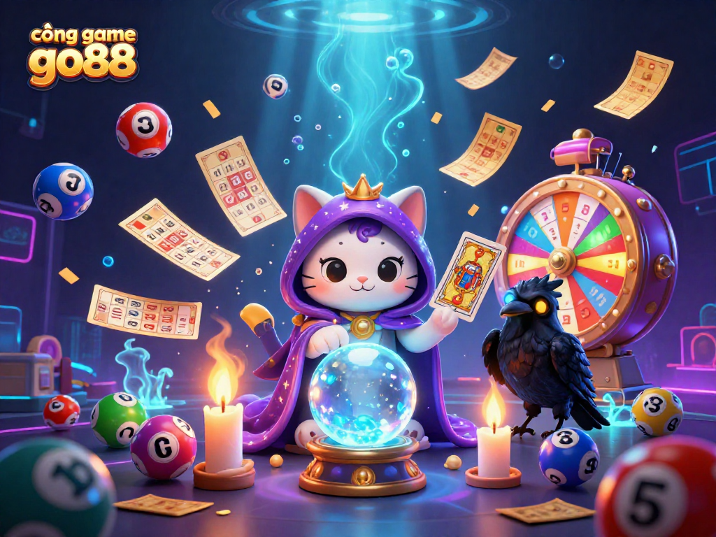 Engage with the cổng game go88 through a vibrant lottery and casino scene featuring mystical characters.