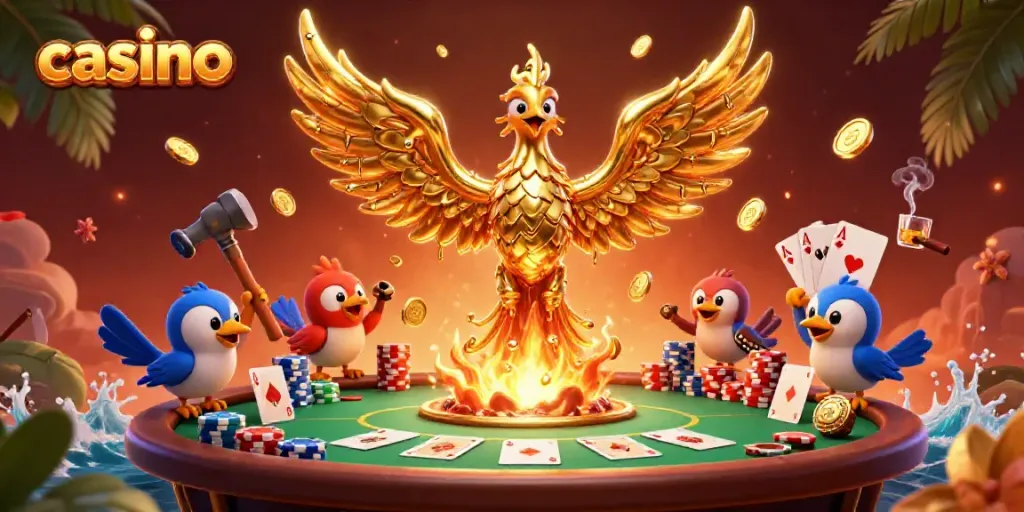 Experience an engaging casino scene with a molten golden phoenix and poker elements.