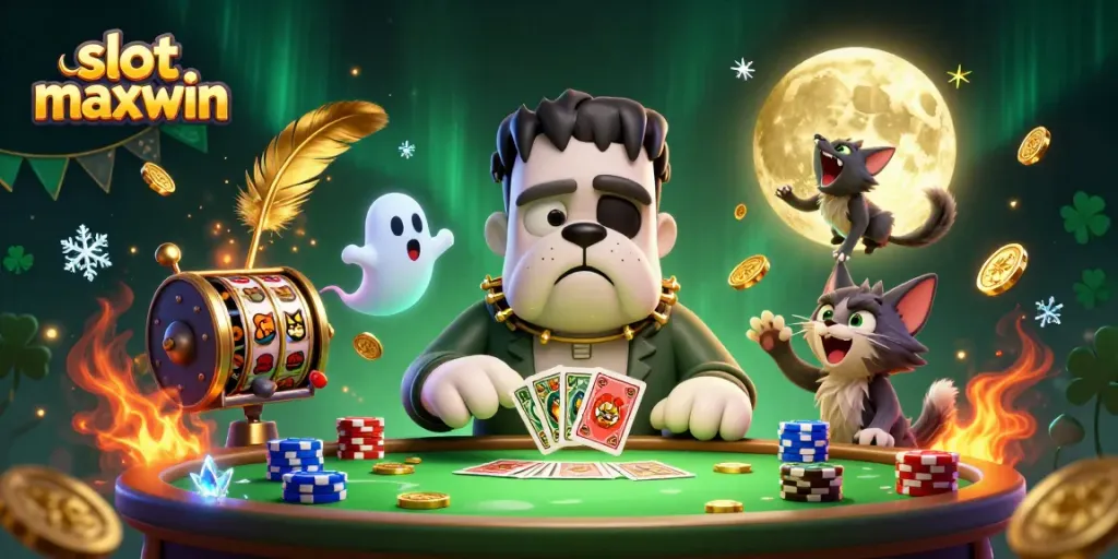 Experience excitement with slot maxwin as dynamic characters play cards in a thrilling casino setting.