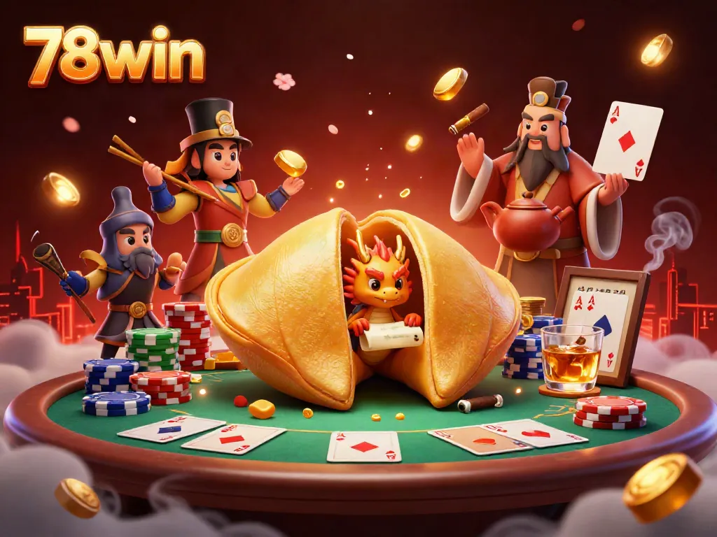 Experience thrilling wins with 78win at the vivid poker scene featuring golden fortune cookie and dragon.