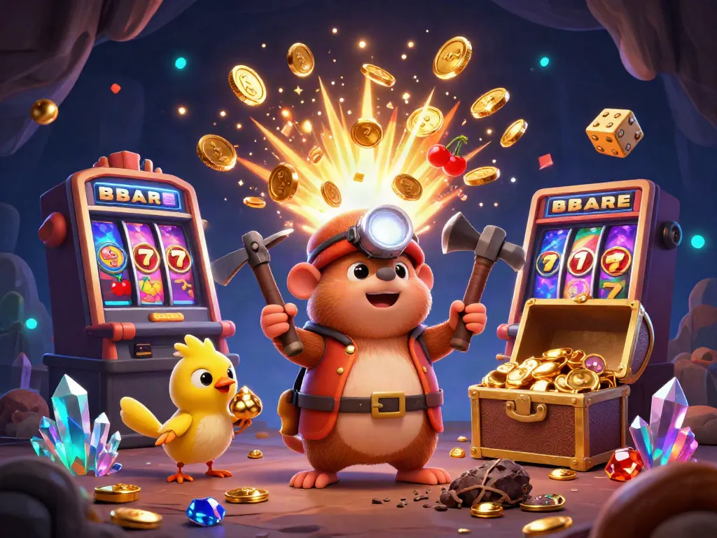 XoilacTV showcases a vibrant casino scene with a cartoon mole and a canary celebrating a jackpot explosion surrounded by slot machine elements.
