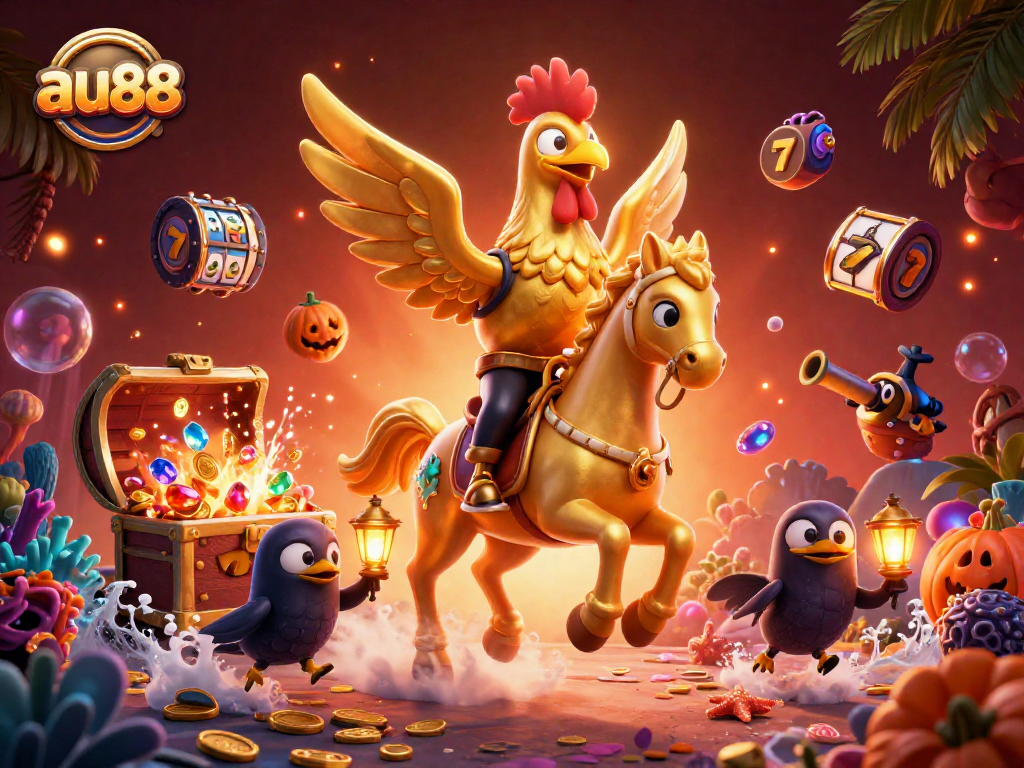 Experience thrilling nigh-time casino adventures at au88 with vibrant slots, golden treasures, and whimsical characters.