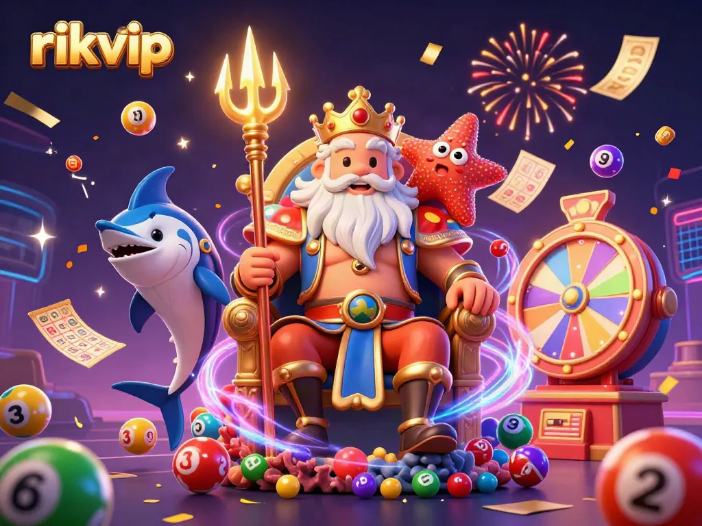 Experience the vibrant energy of rikvip with a colorful lottery scene featuring Neptune and his companions.