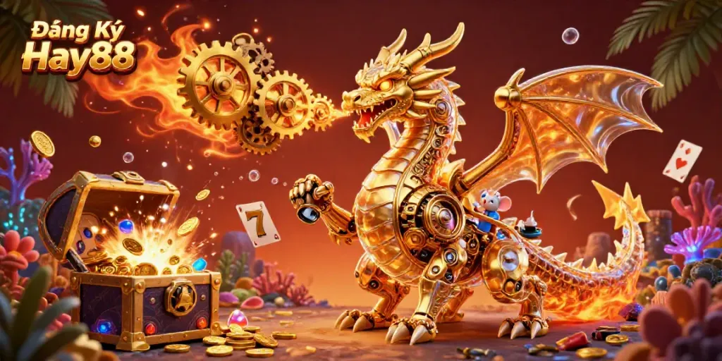 Engage in thrilling slots with Đăng Ký Hay88 featuring a golden dragon amidst vibrant gaming elements and treasures.