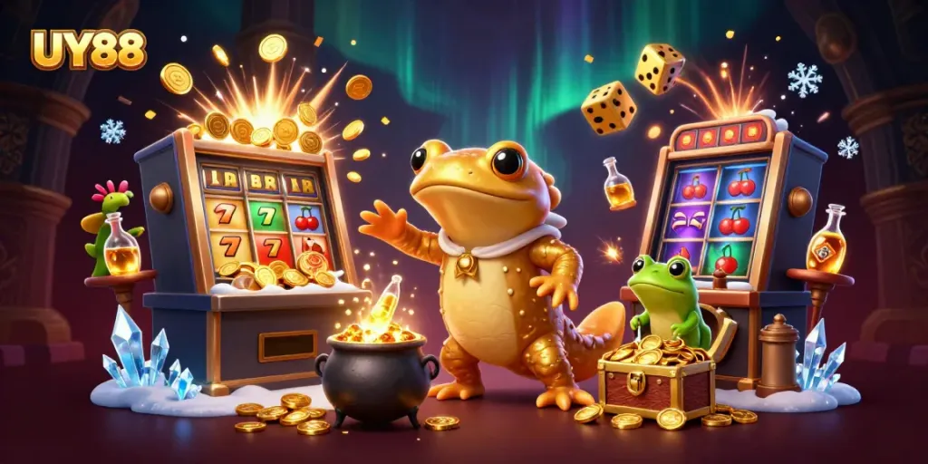 Experience thrilling gaming action with UY88 in this vibrant 3D casino illustration of alchemy and jackpots.