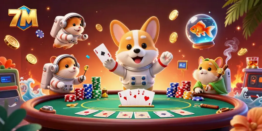 Engaging 7M illustration featuring a playful astronaut corgi amidst casino elements, floating in zero gravity.