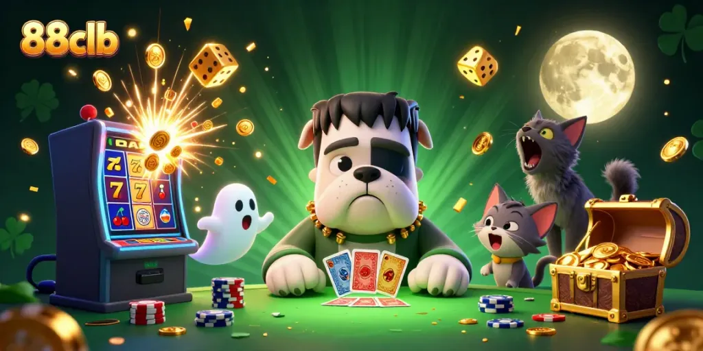 Engaging 88clb scene with 3D characters interacting at a lively casino table full of game elements.
