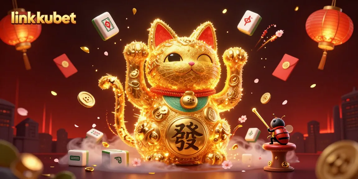Engage with link kubet by entering a vibrant casino world, featuring a lucky cat and dynamic gaming symbols.