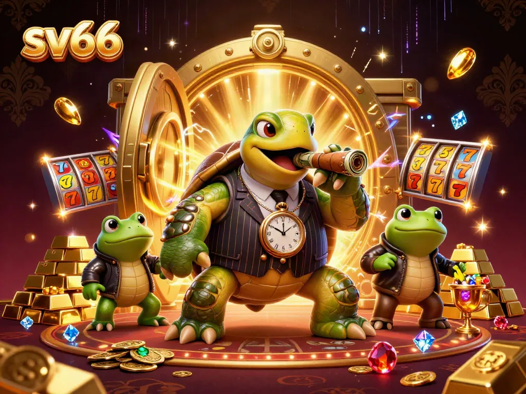 Experience thrilling casino gaming with sv66 featuring a unique design of a snapping turtle and frog enforcers.