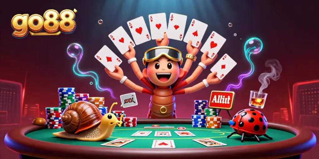 Experience the vibrant world of go88 as a millipede dealer fans out cards at a dynamic poker table.