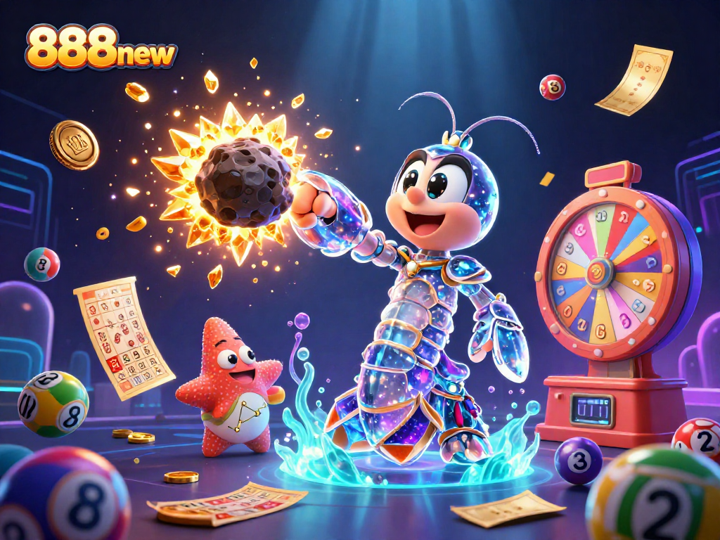 Experience thrilling gaming moments with 888new featuring dynamic lottery and casino illustrations in vibrant detail.