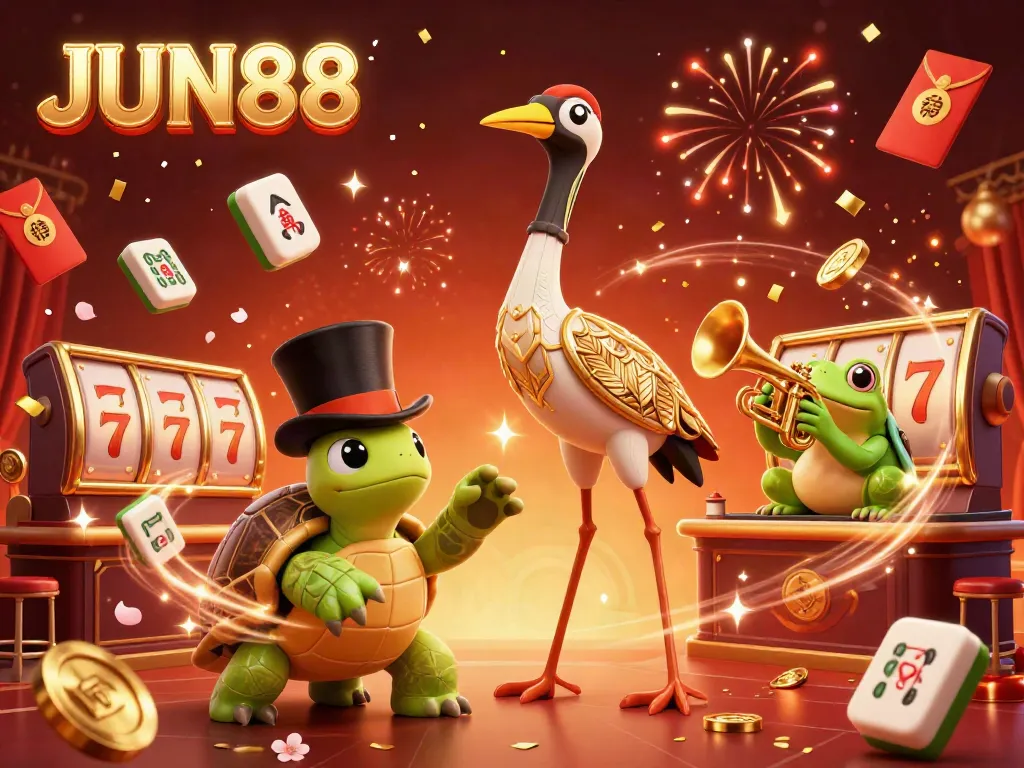 Experience the thrill of JUN88 with energetic characters celebrating at a vibrant casino, enhanced with dynamic game elements.