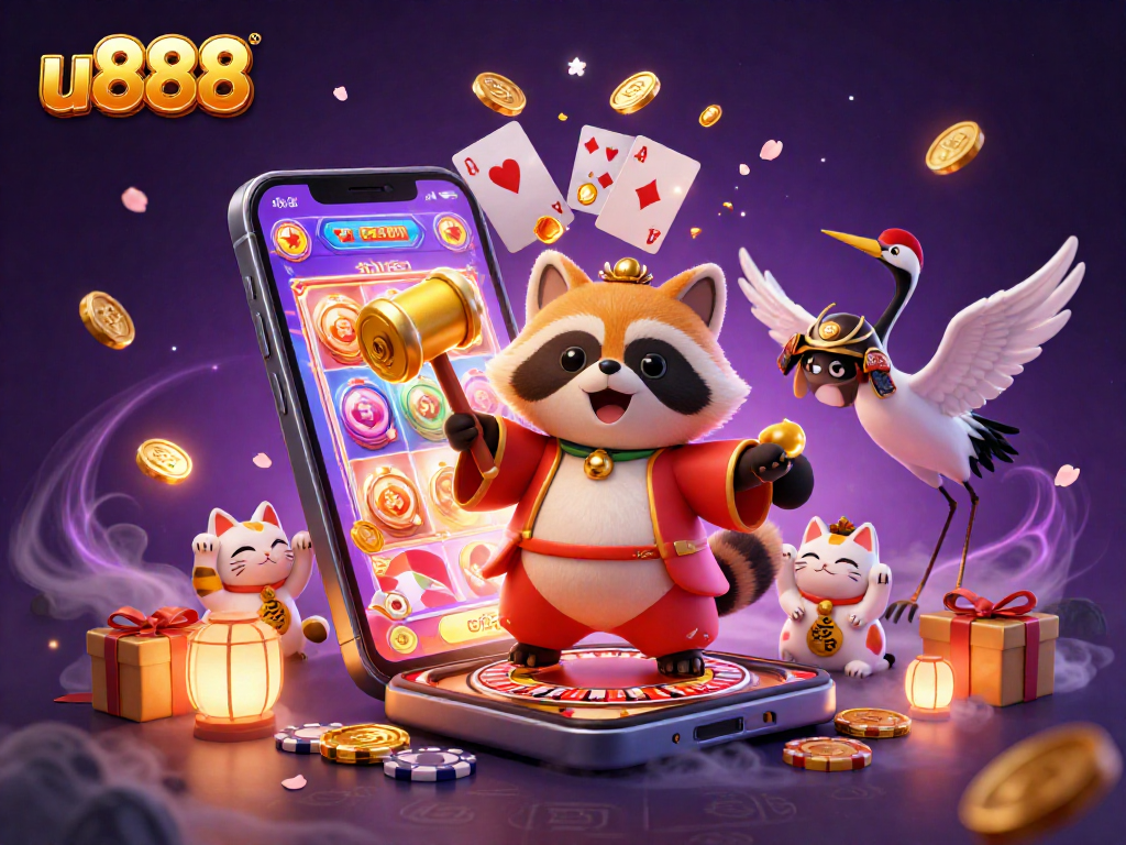 Join the fun at u888 with a colorful casino scene featuring a lucky tanuki, samurai crane, and vibrant maneki-neko cats.
