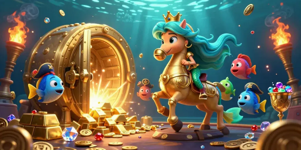 Engage in exciting gameplay with 8xbet in a vibrant casino setting featuring a mermaid and seahorse.