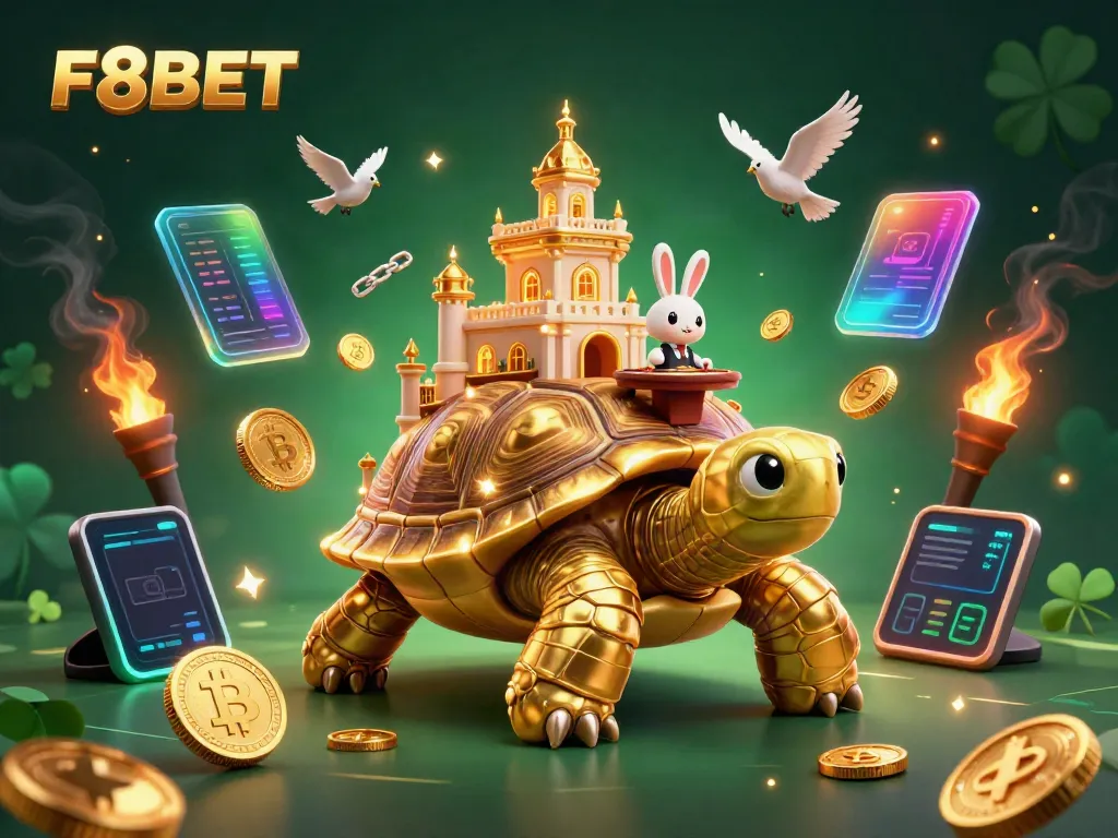 Experience the vibrant casino world with F8BET featuring a golden tortoise and a rabbit dealer amidst cryptocurrency elements.