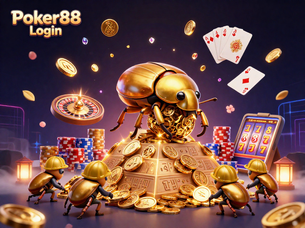 Engage in Poker88 Login with vibrant casino elements and dynamic play, featuring gold coins and poker chips.