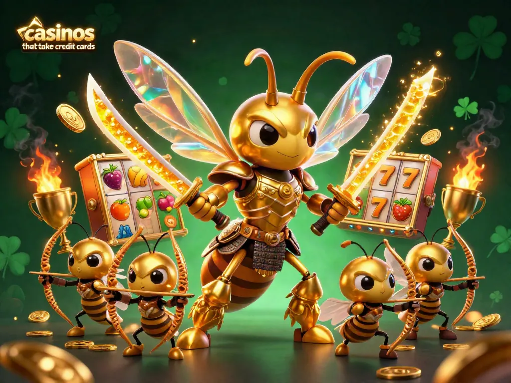 Engage with vibrant casinos that take credit cards featuring a cartoon hornet samurai wielding honey katanas and bee archers amidst slot reels.