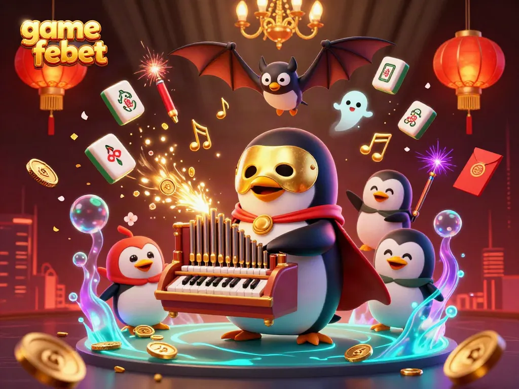 Engage with game febet while enjoying an exciting 3D scene of a penguin toting a pipe organ releasing golden coins.