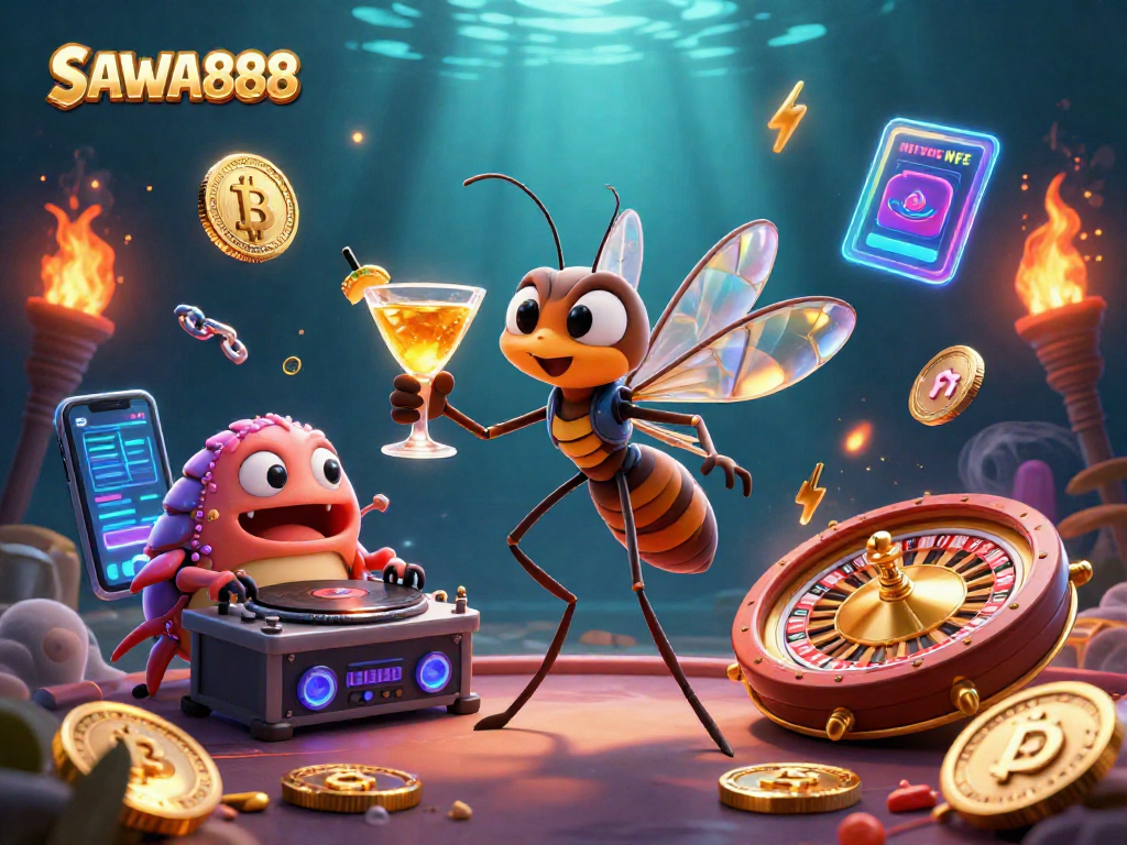 Experience the excitement of SAWA888 with a 3D scene featuring colorful casino-themed characters and crypto elements.