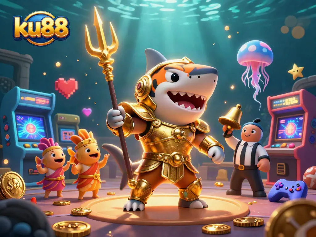 Engage with ku88's thrilling underwater casino adventure featuring a golden gladiator tiger shark.