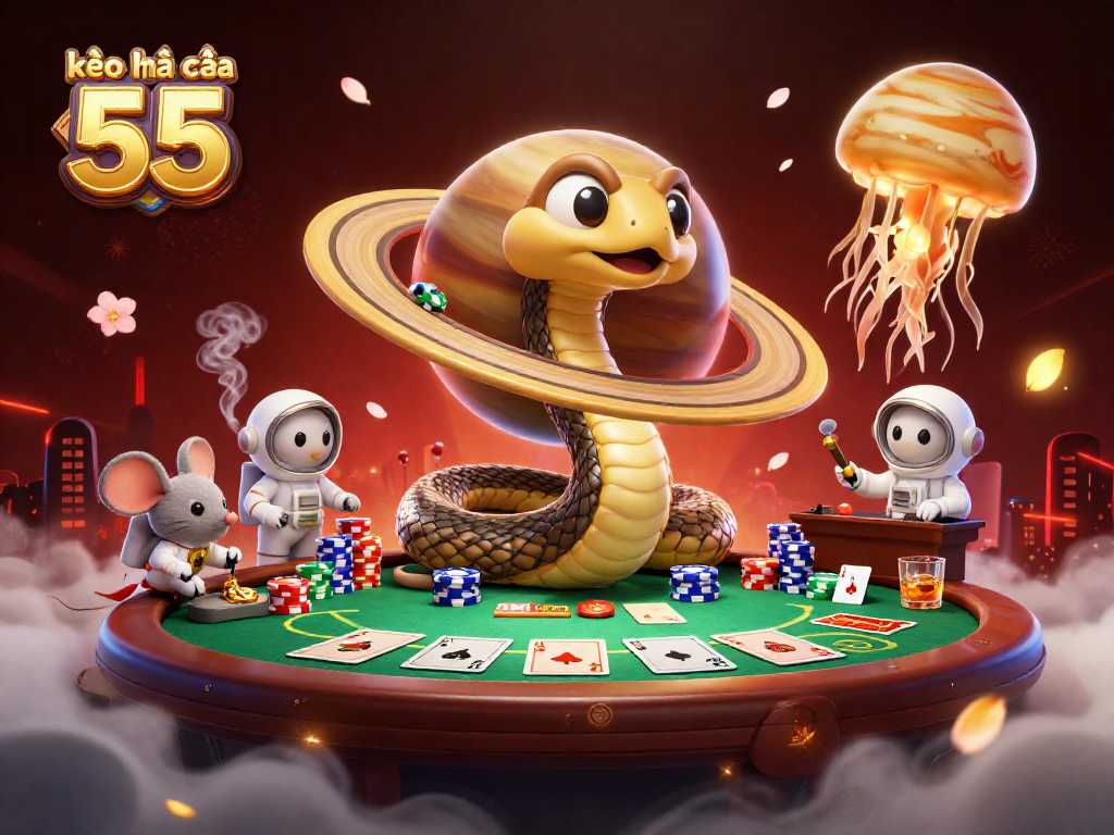 Experience the thrill of kèo nhà cái 55 with a cosmic casino scene featuring a Saturn snake and astronaut mice.