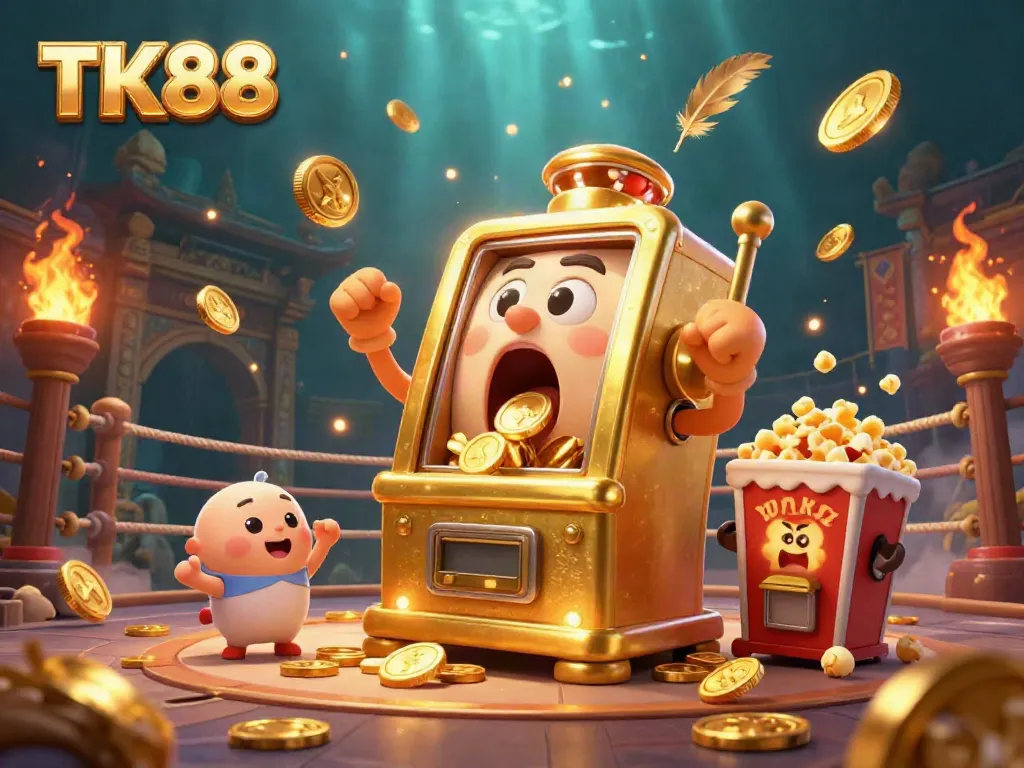 Experience the excitement of TK88 with a golden slot machine celebrating a jackpot amidst a vibrant casino-themed scene.