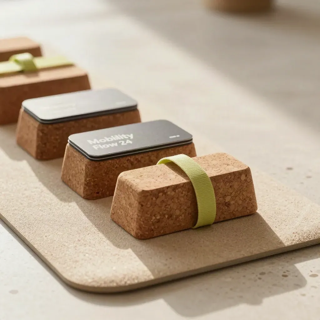 Macro of a mobility workout deck with cork blocks, loop strap, and rolled mat on a calm floor.