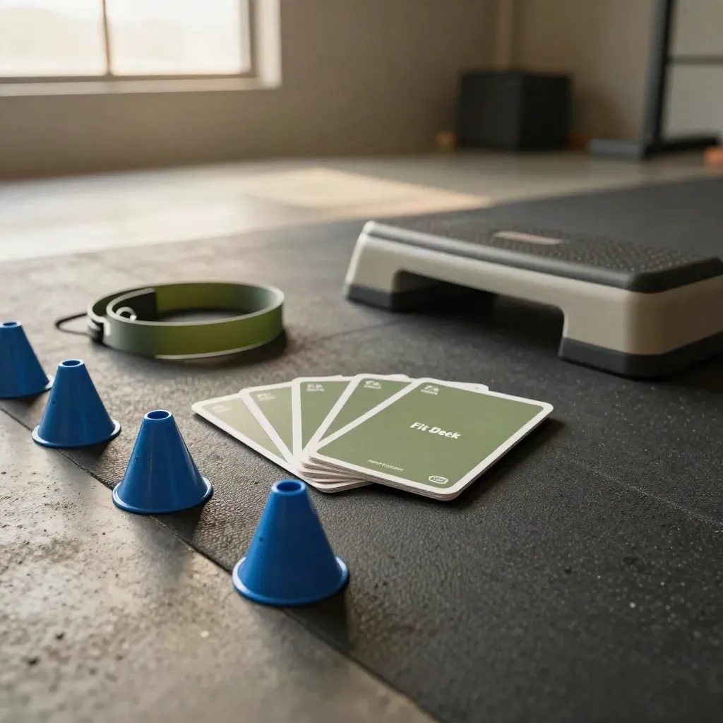 Warm-up cards, mini cones, resistance band and plyo step in a bright studio.