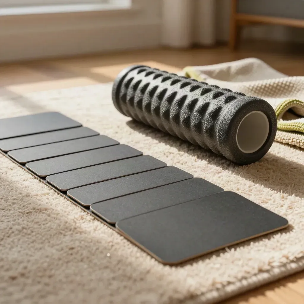 Macro recovery setup with mobility cards, foam roller, blanket and rug in soft light