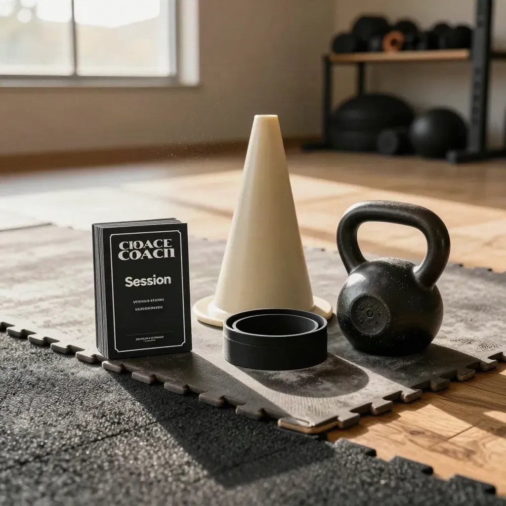 Coach Session Cards deck with cones, minibands and kettlebell on turf in a PT studio.