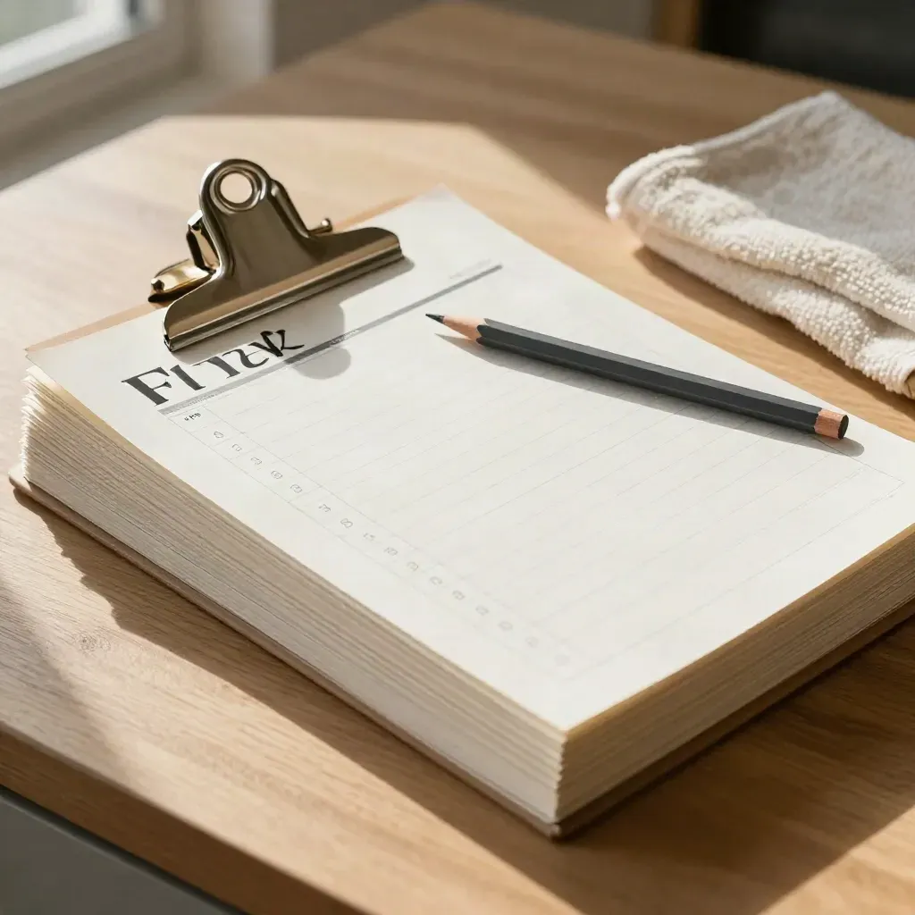 Top-down printable workout plan stack with binder, pencil and towel in morning kitchen light