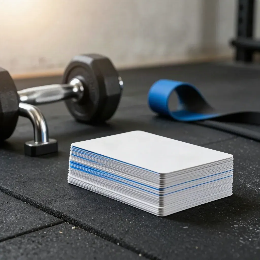 Workout card deck beside push-up handles, dumbbell and resistance band on a gym mat.