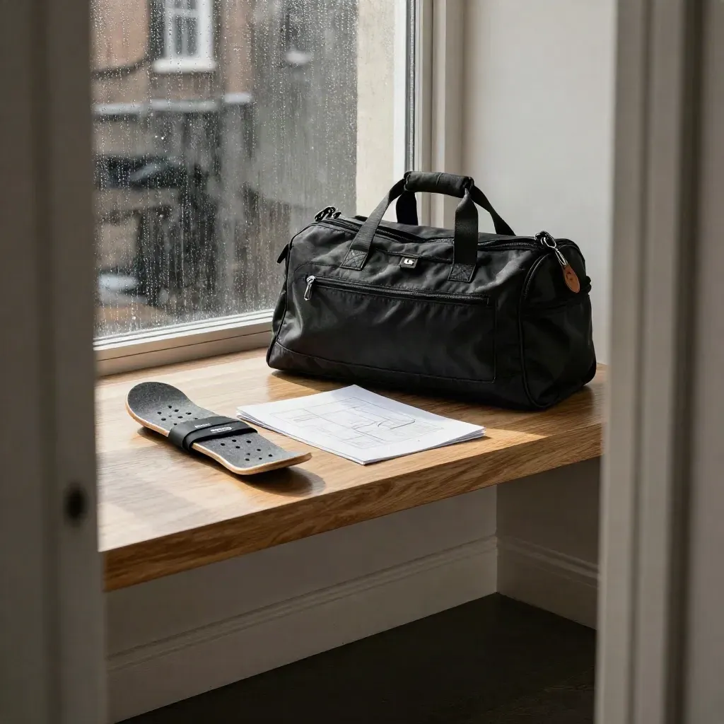 Workout card deck, printable sheets, and gym bag on a bench by rain-streaked studio glass.