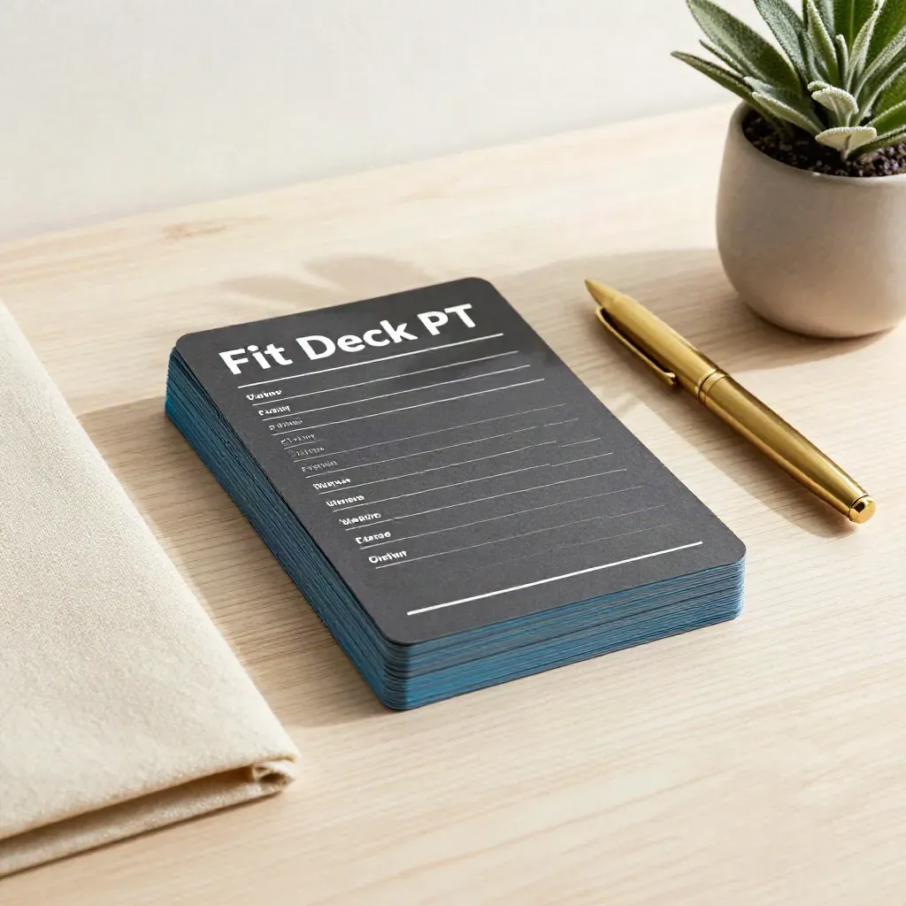 PT session plan cards with linen folder, brass pen, and small plant on pale wood.