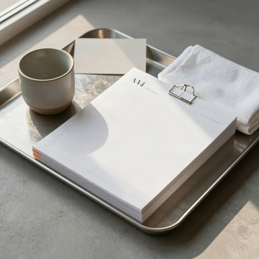 Top-down tray with printable pages, ceramic cup and folded white tea towel on concrete grey.