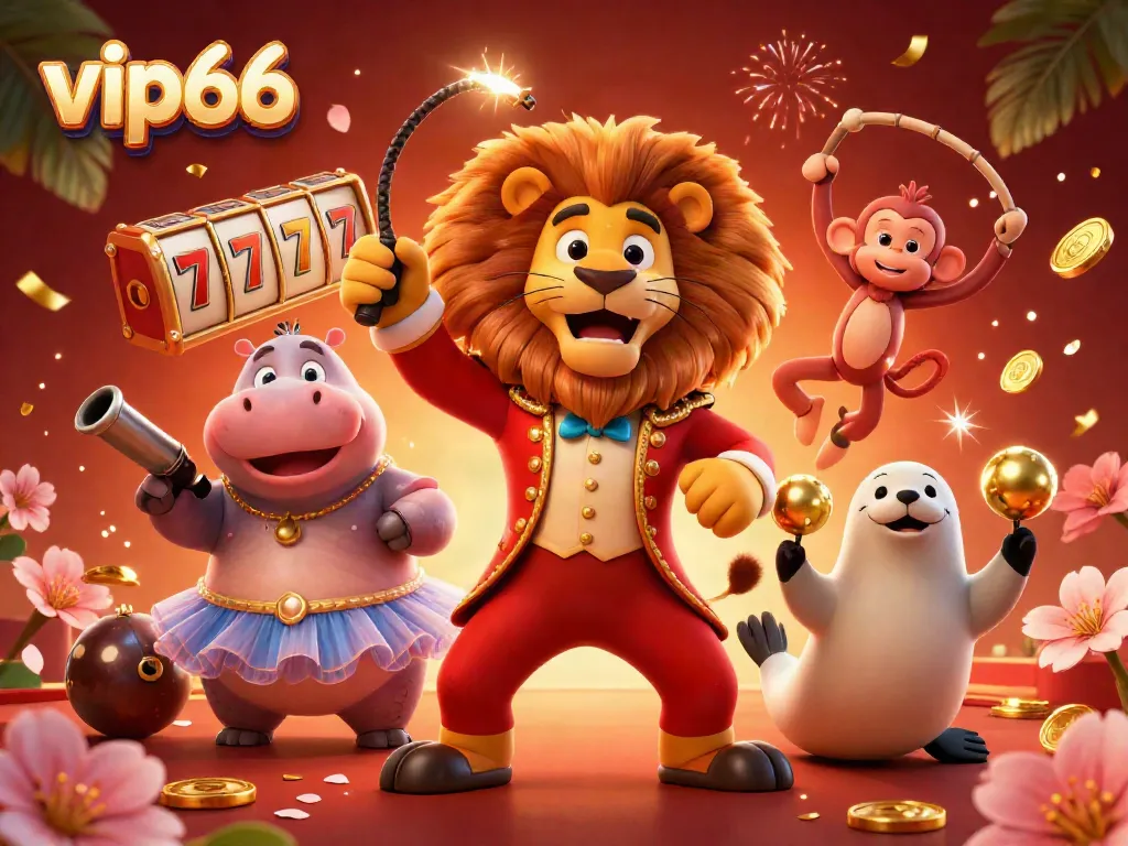 Spin jackpots at vip66 with a vibrant circus-themed slot scene featuring lively characters.