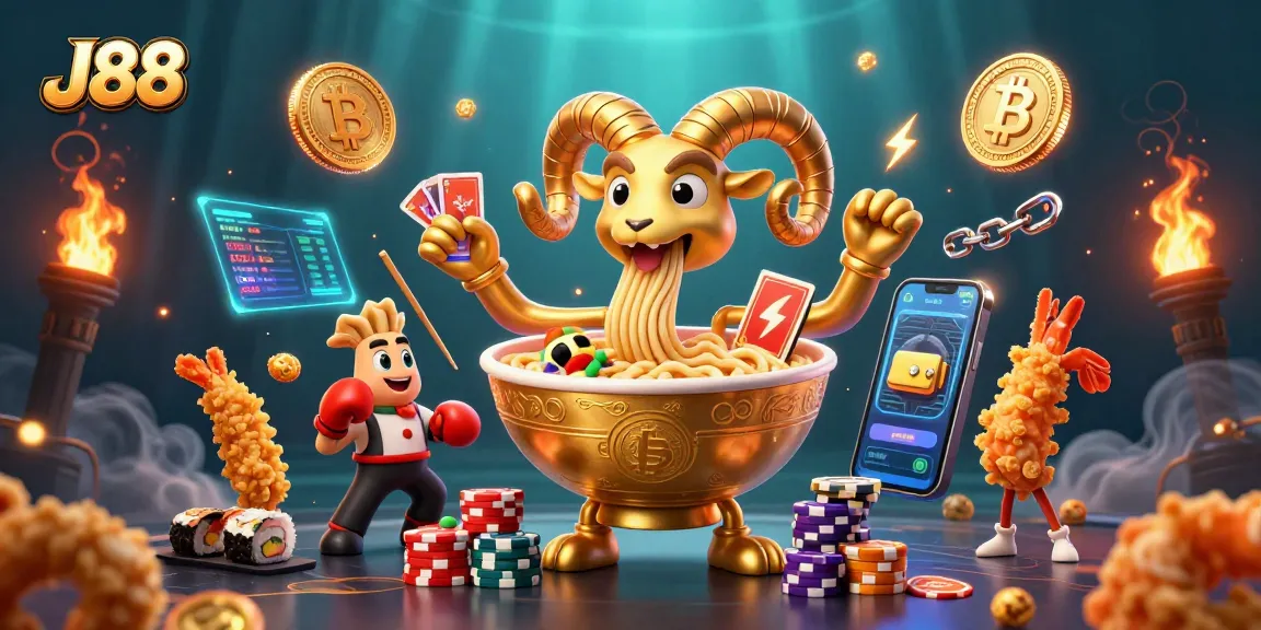 J88 casino characters deal cards in a vibrant, dynamic 3D gambling scene.