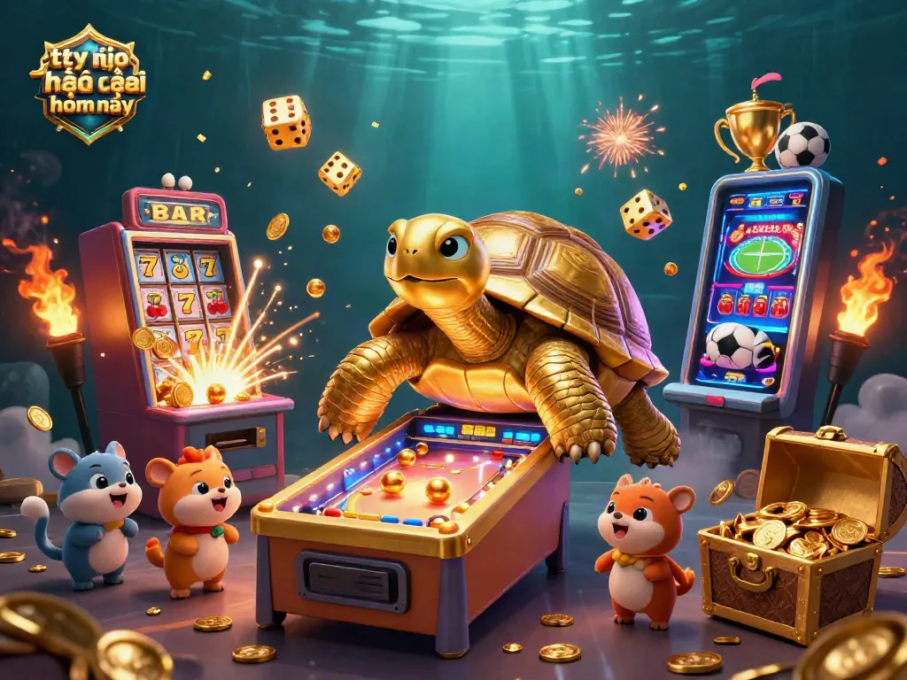 Experience dynamic gaming with tỷ lệ kèo nhà cái hôm nay, featuring a golden tortoise pinball machine amidst casino treasures.