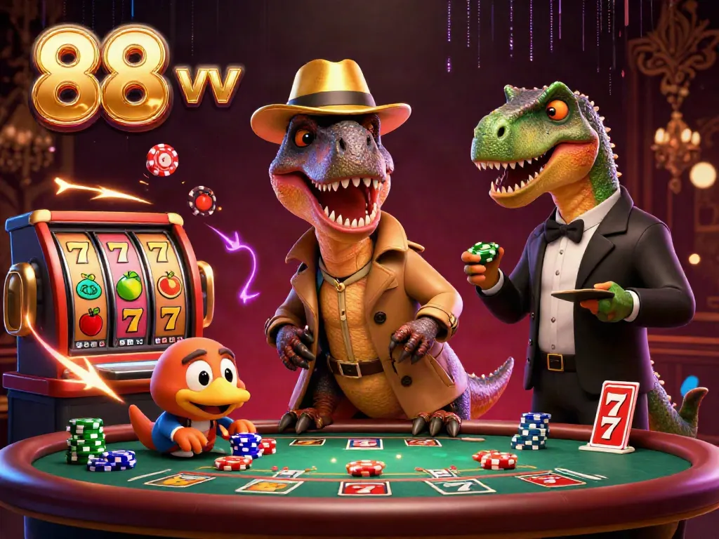 Engage with exciting slot gaming at 88 vv, featuring a clever velociraptor and animated game elements.